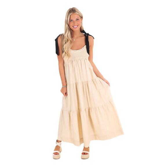 Lalavon Tiered Cottage Maxi Dress Tie Shoulder Womens Size Small Cream Black New - Picture 1 of 14